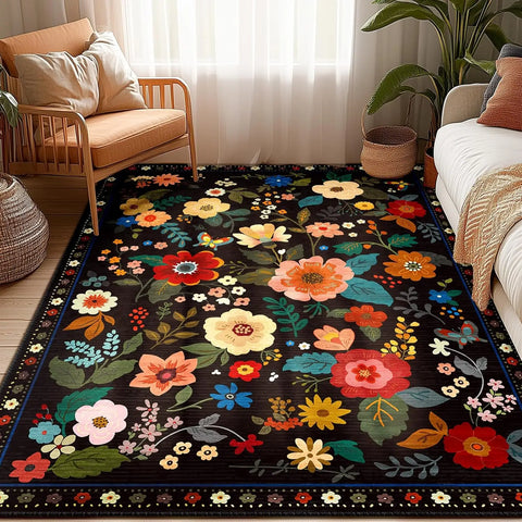 Navak Carpet Crystal velvet carpetFloral  Area Rug Machine Washable Soft Print Boho Carpet Non Slip Doormat Low Pile Flower Area Rugs for
