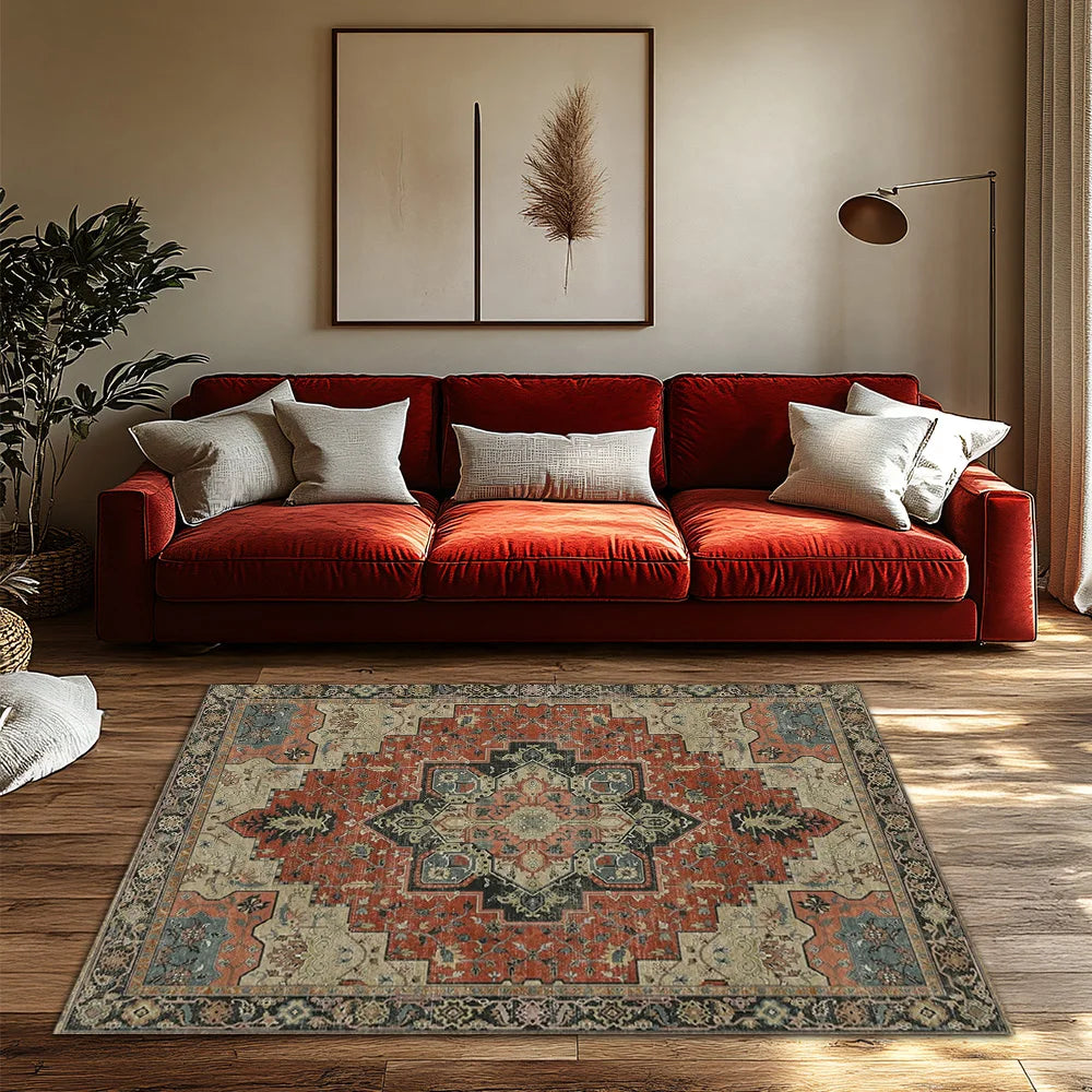 Navak Carpet Red Green Bohemian Area Rug, Ethnic Pattern Non-Slip Carpet, Cozy Living Room Mat for Natural Home Decor