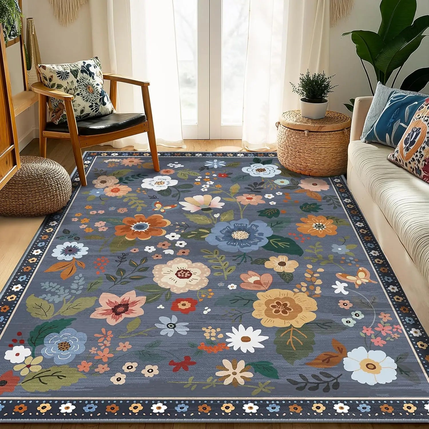 Navak Carpet Crystal velvet carpetFloral  Area Rug Machine Washable Soft Print Boho Carpet Non Slip Doormat Low Pile Flower Area Rugs for