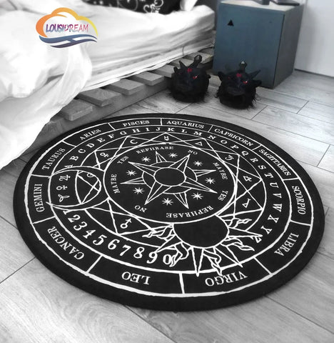 Navak Carpet Pentagram sun Patterned Round Carpet, Satan Devil's Trap Rug, White  on Black  Supernatural  Rune carpet
