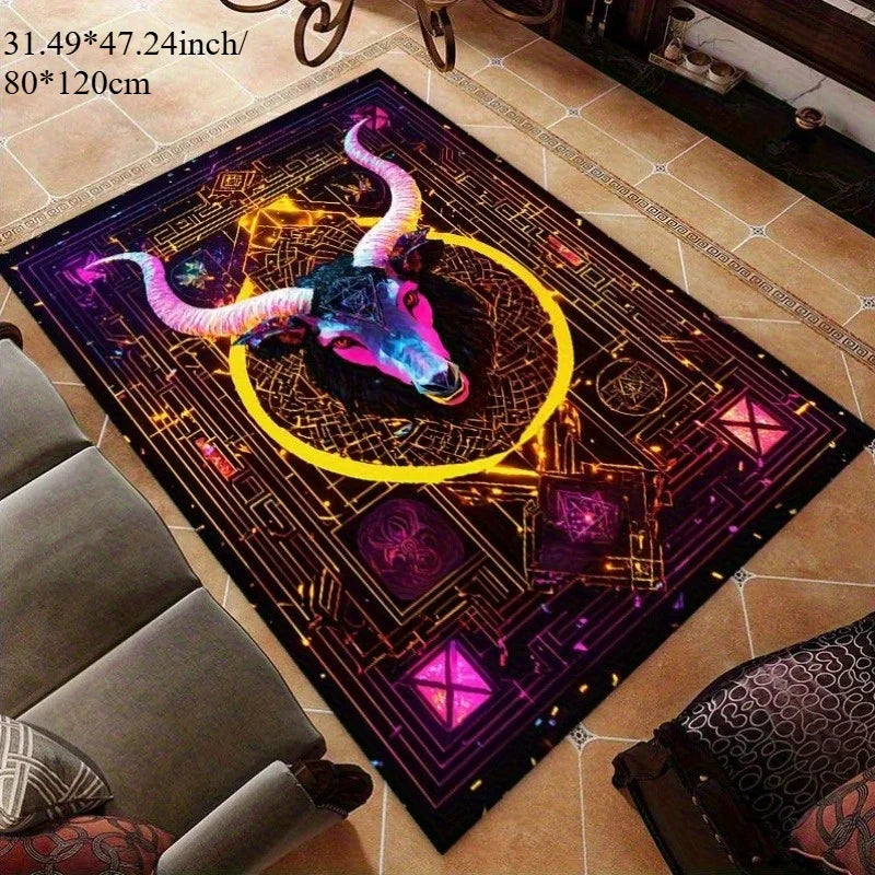 Navak Carpet Door mats with ancient symbols and neon bull design are suitable for camping, room, indoor use-machine washable non-slip carpet