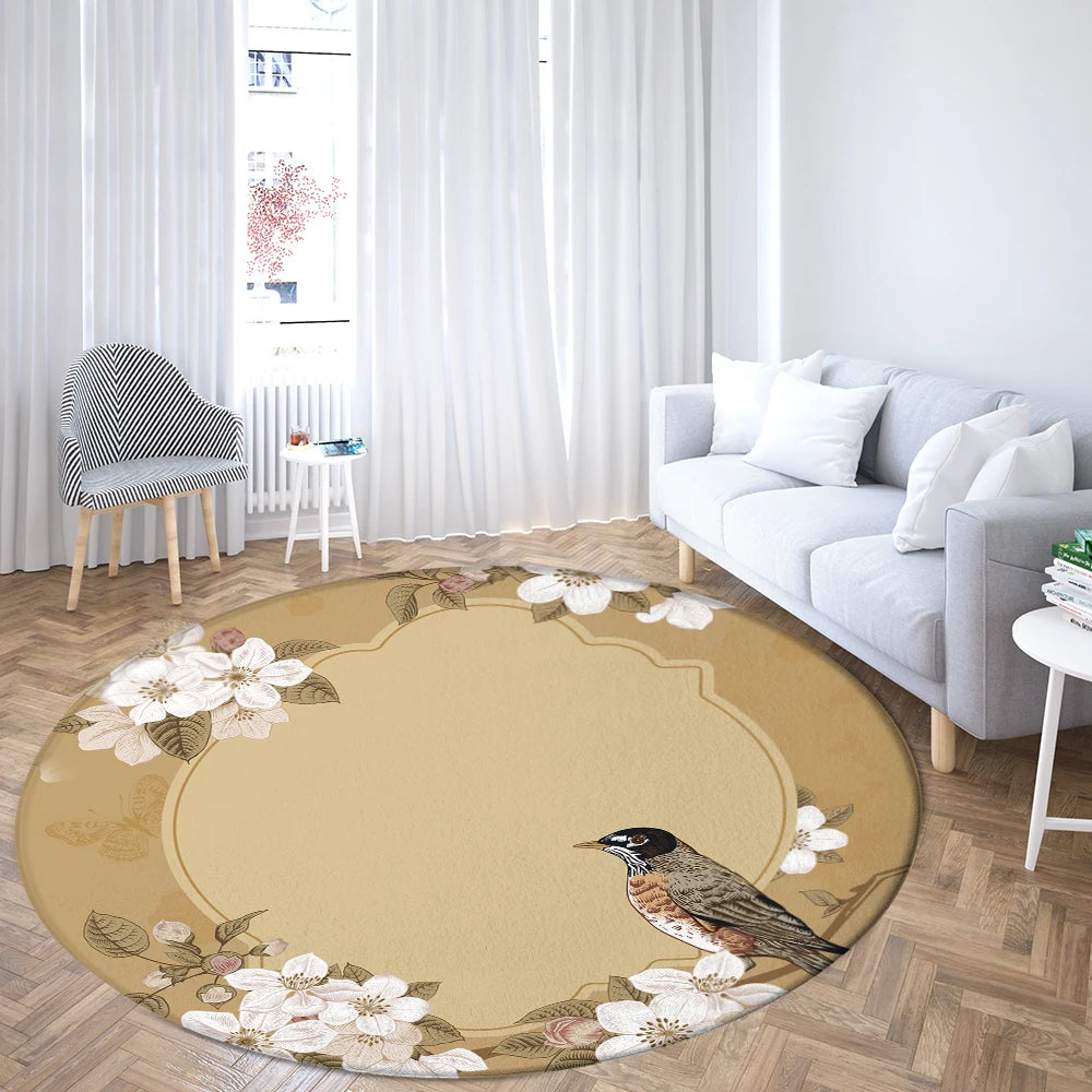 Navak Carpet Home Living Room Bedroom Bathroom Floor Mat Printing Decorative Carpet Flower and Bird  Round  Peony Rose