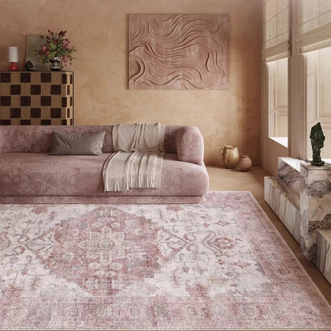 Navak Carpet Pink Vintage Living Room Carpet Nordic Style Light Luxury Art Bedroom Rug Machine Washable Foldable Non-slip Coffee Table Mat 러그