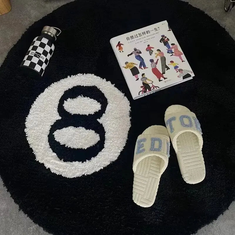 Navak Carpet 1 Pack Black Billiards 8 Ball Round Flocked Floor Bedroom Anti-Slip Carpet Mat Living Plush Soft Bedroom Rug