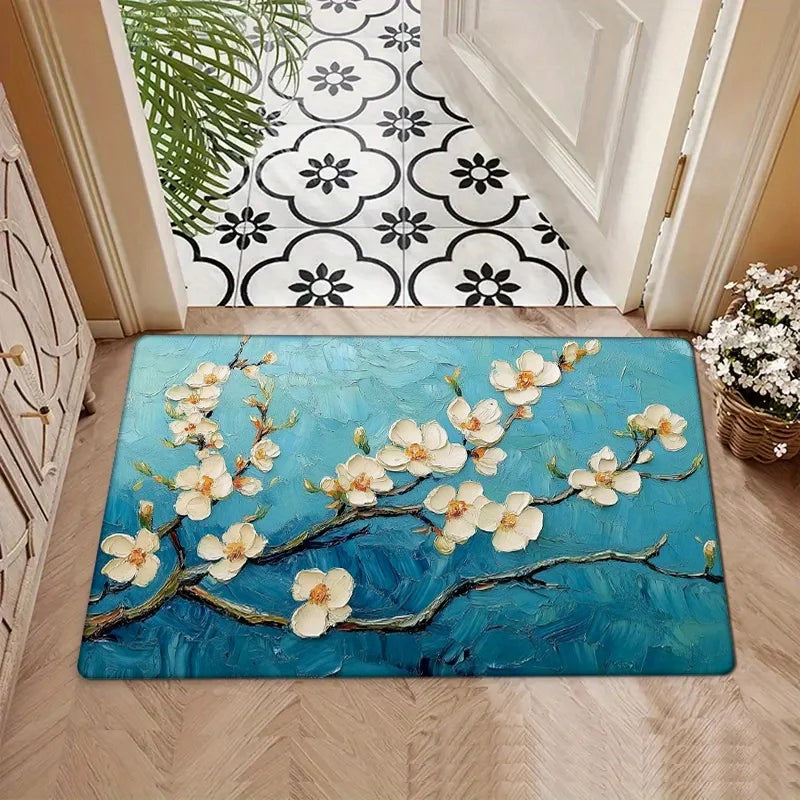 Navak Carpet 1 piece blue floral branch doormat, polyester fabric, machine washable, suitable for living room bedroom kitchen home decoration