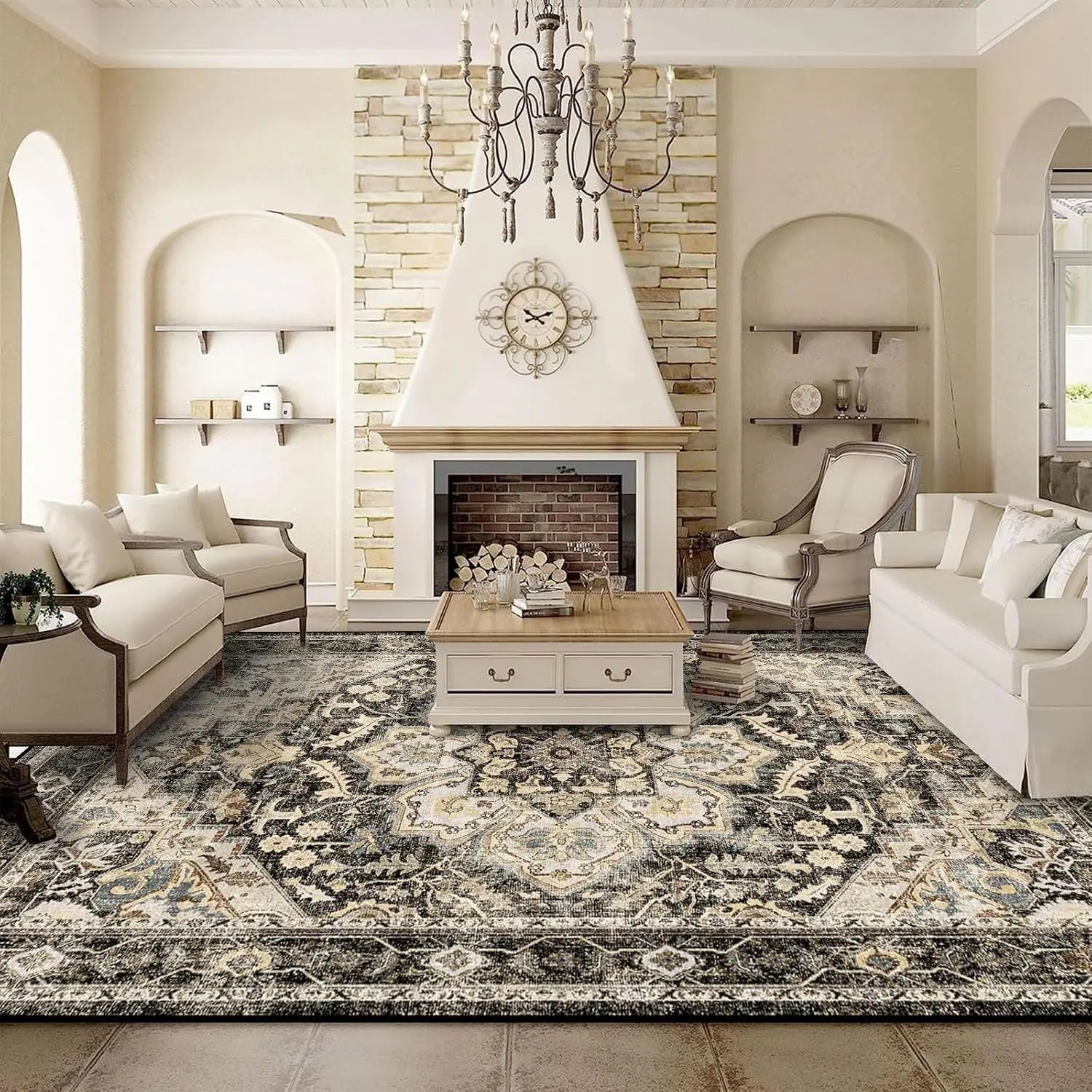 Navak Carpet Washable Oriental Area Rug  Rugs for Living Room Soft Carpet for Bedroom Waterproof Floral Distressed Indoor Stain
