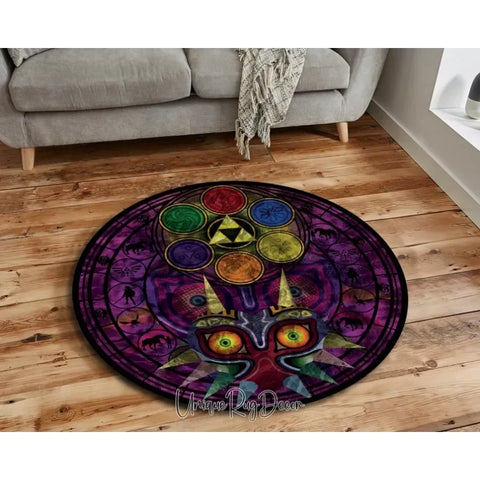 Navak Carpet Zelda Symbol Round Rug Retro Style Game Room Carpet for Living Room Gaming Decor Zelda Majora’s Mask Rug Gift for Gamer