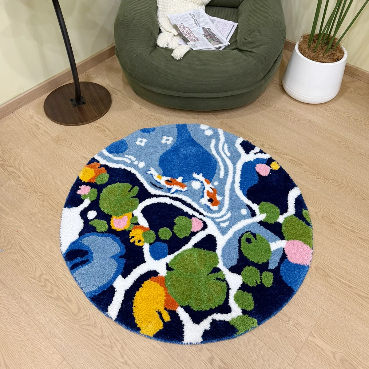 Navak Carpet Coloful Lotus Pond Round Handmade Tufted Rug for Living Room Psychedelic Bedroom Retro Carpet Plush Circle Abstract Art Area Rug