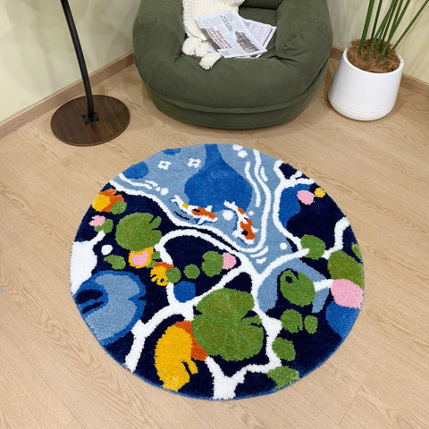 Navak Carpet Coloful Lotus Pond Round Handmade Tufted Rug for Living Room Psychedelic Bedroom Retro Carpet Plush Circle Abstract Art Area Rug