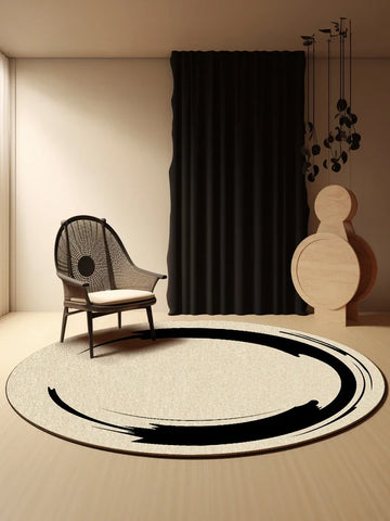 Navak Carpet Living Room Carpet Round Simple Light Luxury Bedroom Carpets Black Ring Geometric Rug Stain-Resistant Swivel Chair Rugs Alfombra