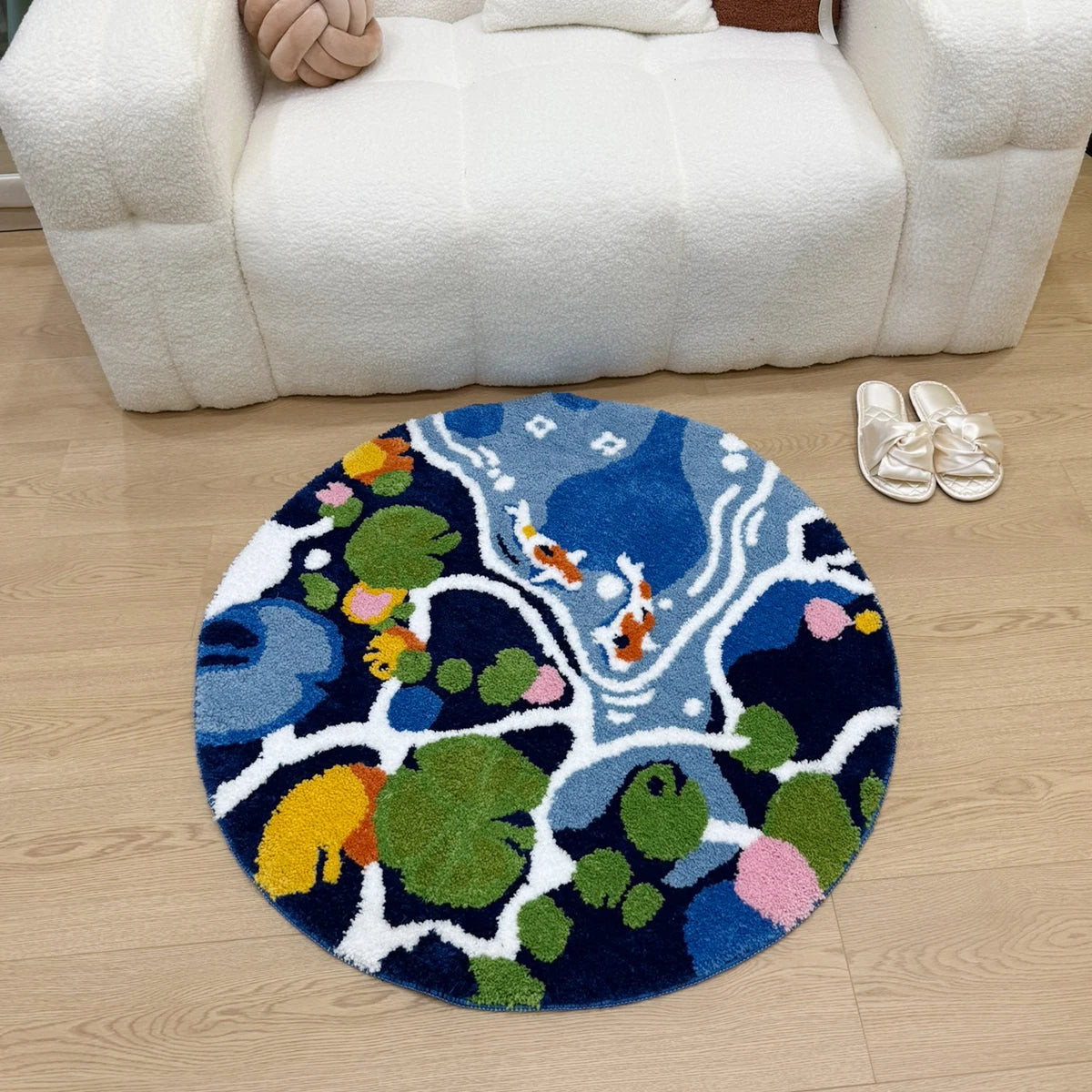 Navak Carpet Coloful Lotus Pond Round Handmade Tufted Rug for Living Room Psychedelic Bedroom Retro Carpet Plush Circle Abstract Art Area Rug