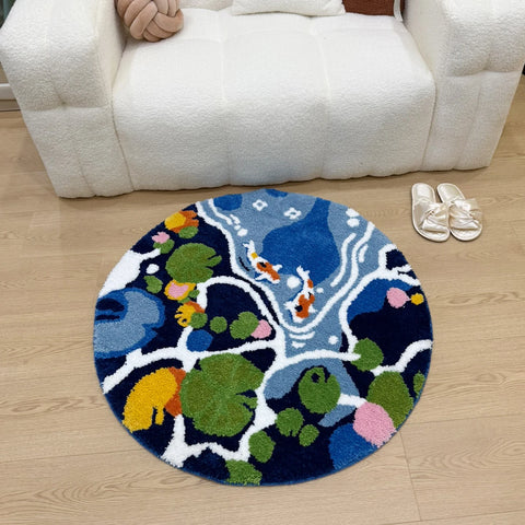 Navak Carpet Coloful Lotus Pond Round Handmade Tufted Rug for Living Room Psychedelic Bedroom Retro Carpet Plush Circle Abstract Art Area Rug