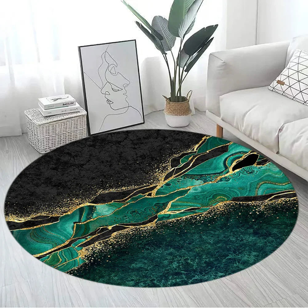 Navak Carpet Abstract Blue Marble Round Carpet Gold Textured Geometric Pattern Black Home Rugs Living Room Bedroom Decor Sofa Rug Floor Mats