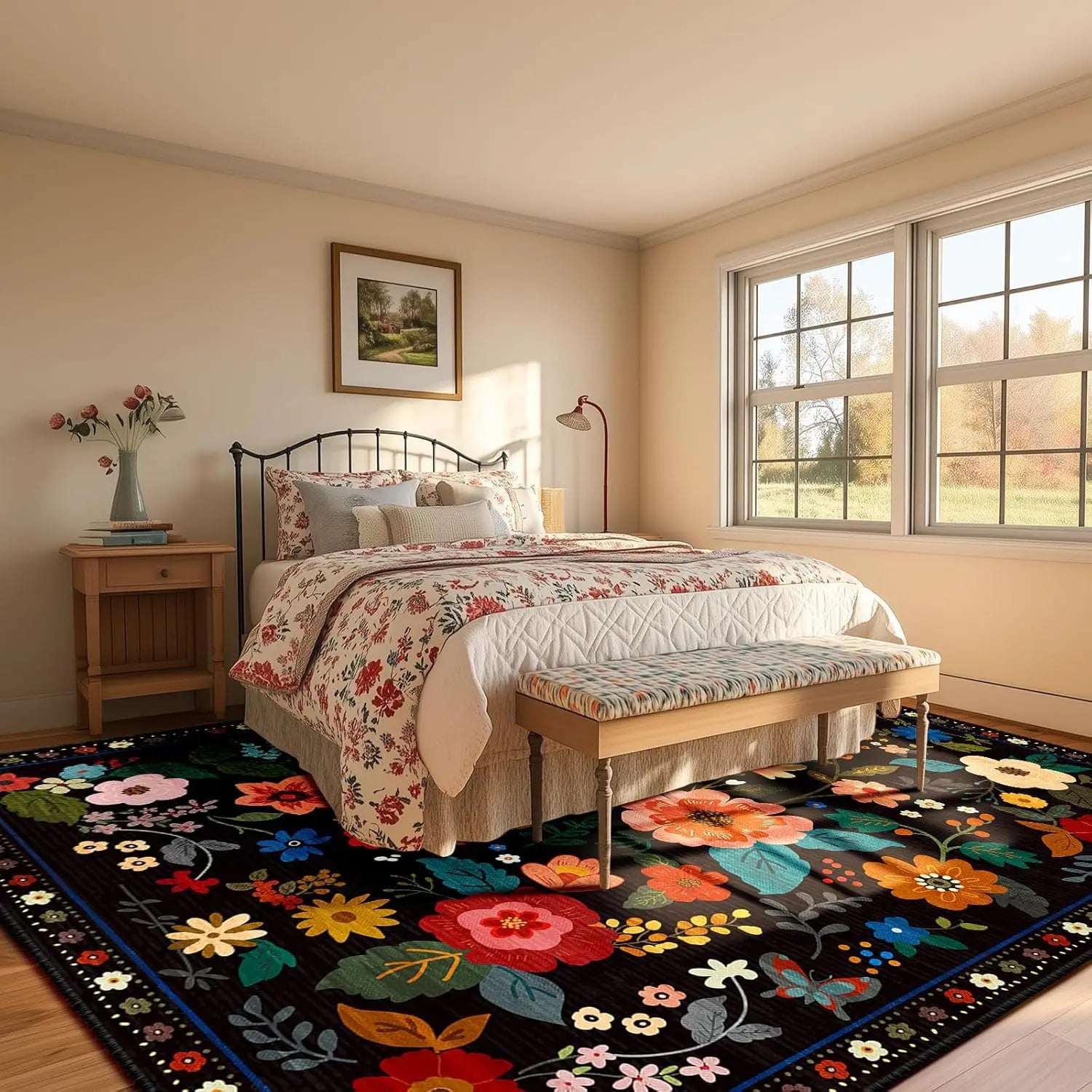 Navak Carpet Crystal velvet carpetFloral  Area Rug Machine Washable Soft Print Boho Carpet Non Slip Doormat Low Pile Flower Area Rugs for