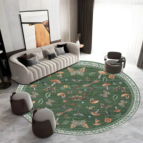 Navak Carpet Round Boho Floral Carpet - Vibrant Mushroom & Butterfly Print, Non-Slip Area Rug for Living Room/Bedroom, Nature-Inspired Decor