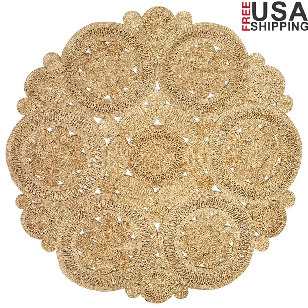 Navak Carpet Natural Braided Jute Round Area Rug Handmade Indoor Carpet Soft Bohemian Geometric Design Home Decor Dining Room Bedroom Living