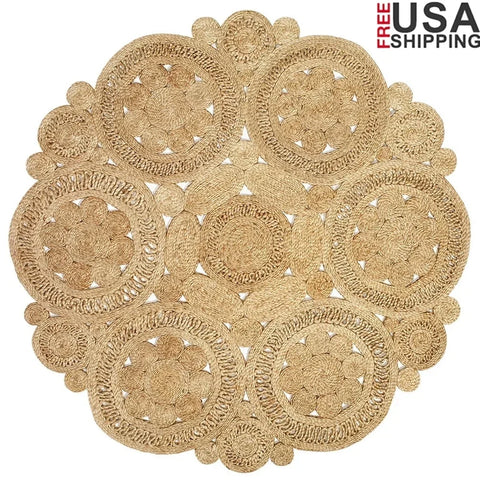 Navak Carpet Natural Braided Jute Round Area Rug Handmade Indoor Carpet Soft Bohemian Geometric Design Home Decor Dining Room Bedroom Living