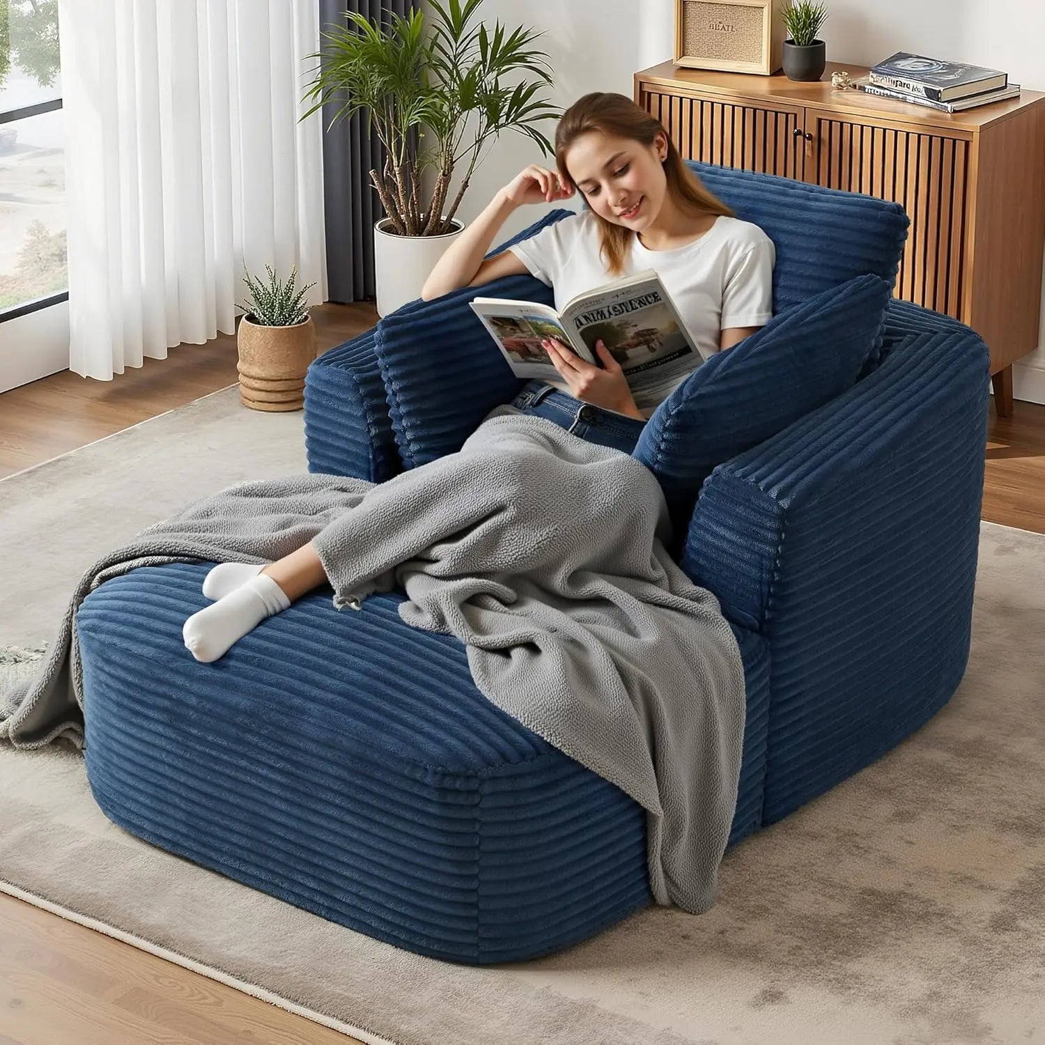 Navak Carpet "65" Corduroy Boneless Sofa - Luxurious Oversized Chaise Lounge with Deep Seat, Reading/Sleeper Chair for Living Room"
