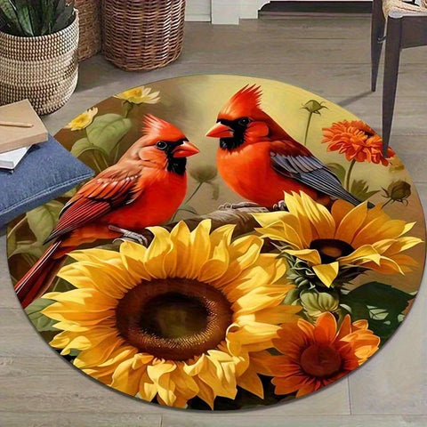 Navak Carpet [2D flat, not 3D]Comes with 2 anti slip mats.2D flat, not Comes with 2 anti slip matsGorgeous Red Bird and Sunflower Round Mat-