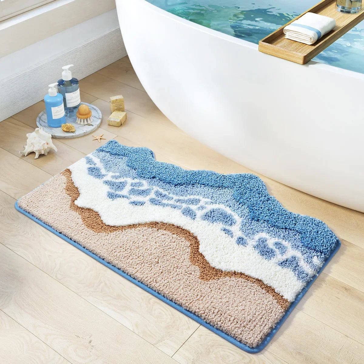 Navak Carpet 70x160CM Hand-Tufted Wave Bedside Rug, Home Bedroom Decoration Area Rugs, Microfiber Flocked Bathroom Non-slip Absorbent Mat