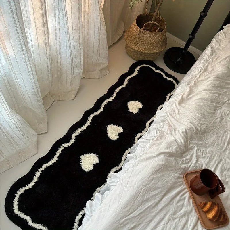 Navak Carpet Exclusive Picks Black And White Heart-Shaped Long Rug, Fluffy And Soft Home Decor Bedside Rug For Bedroom, Hallway And Corridor Floor Mat