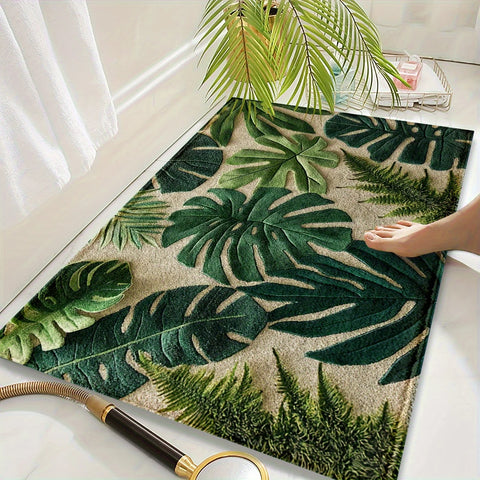 Navak Carpet 1 Tropical Green Plant Pattern Rectangular Bath Mat- Machine Washable Polyester Non-Slip Backing Soft Plush Texture for Bathroom