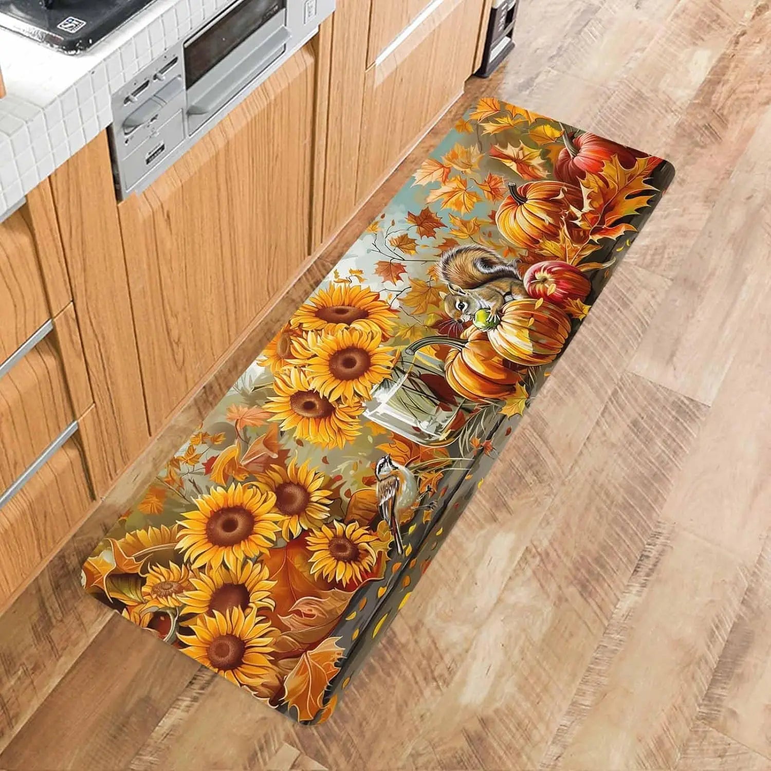 Navak Carpet Fall Squirrel Sunflower Pumpkin Kitchen Floor Mat Home Decor Non-Slip Corridor Balcony Laundry Rug Bedroom Beside Foot Mat Decor