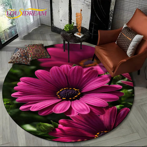 Navak Carpet 3D Daisy Nordic Flower Sunflower Round Area Rug,Carpet for Living Room Children's Bedroom Sofa Playroom Decor,Non-slip Floor Mat