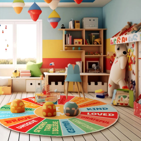 Navak Carpet Exclusive Picks Calming Corner Boho Nursery Round Back to School Area Rug Positive Words Washable Educational Carpet Kids Classroom Decor