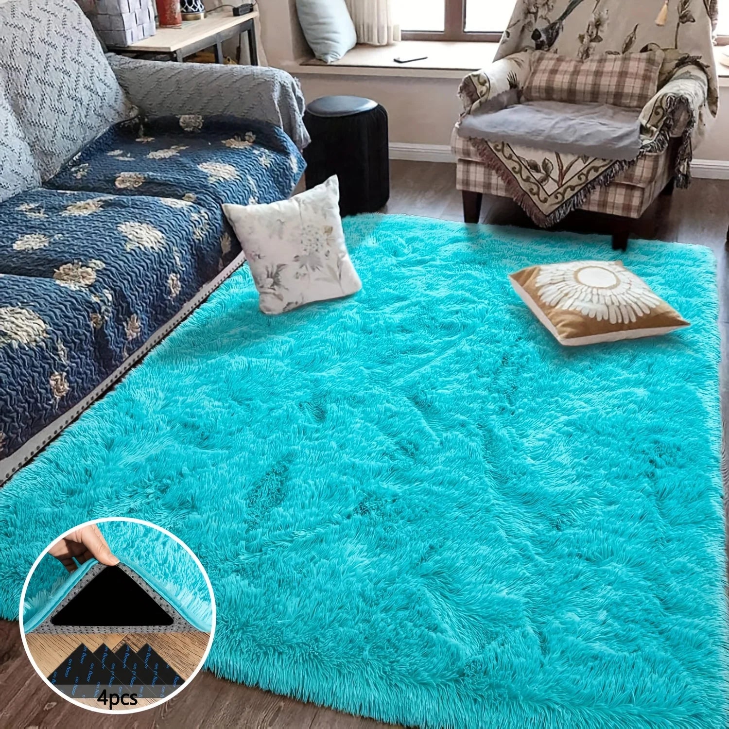 Navak Carpet Light Blue Soft Shaggy Non-Slip Rugs for Living Room/Bedroom/Nursery–Luxury Plush Carpet with 4 Rug Stickers,Room Decor Rug