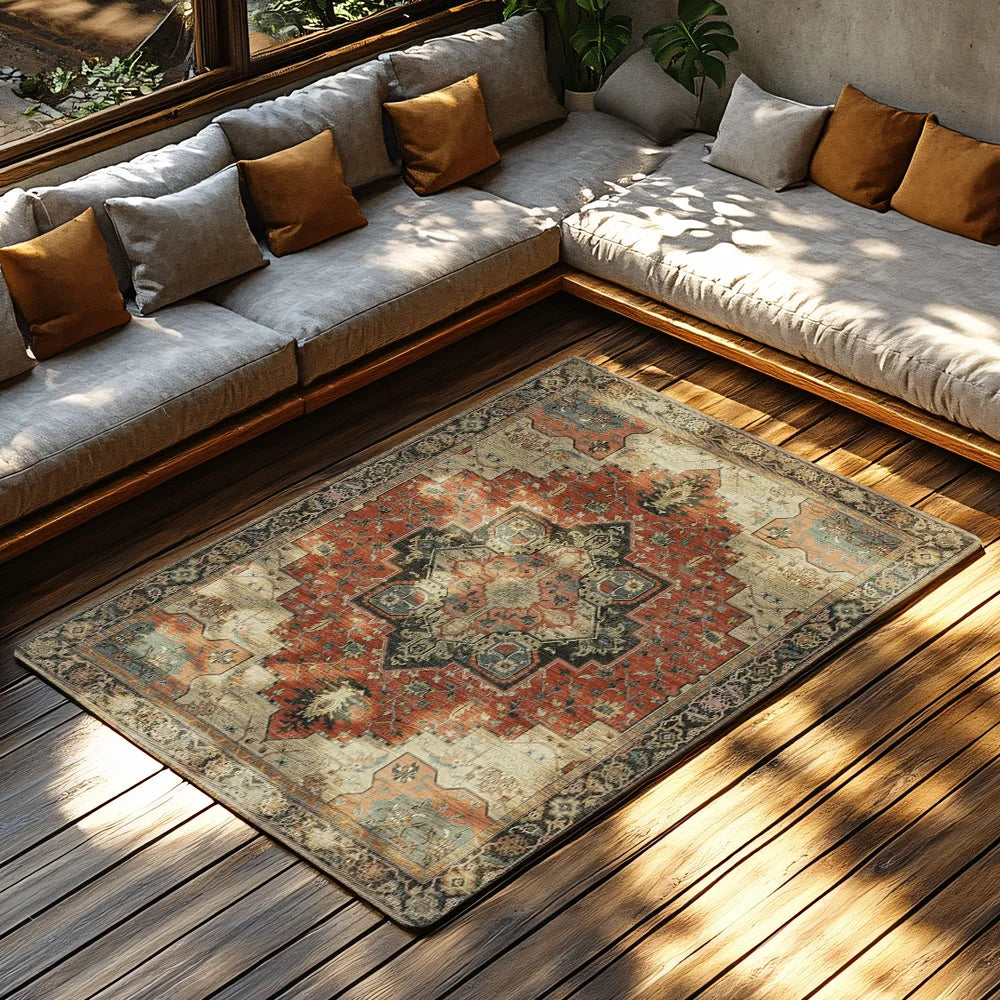 Navak Carpet Red Green Bohemian Area Rug, Ethnic Pattern Non-Slip Carpet, Cozy Living Room Mat for Natural Home Decor
