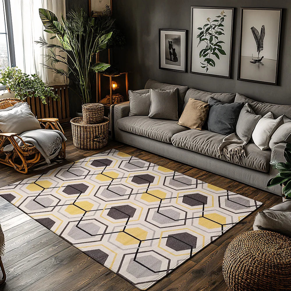 Navak Carpet Yellow Gray Geometric Bohemian Rug, Modern Pattern Non-Slip Carpet, Cozy Living Room Mat for Scandinavian Decor