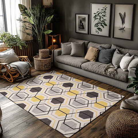 Navak Carpet Yellow Gray Geometric Bohemian Rug, Modern Pattern Non-Slip Carpet, Cozy Living Room Mat for Scandinavian Decor