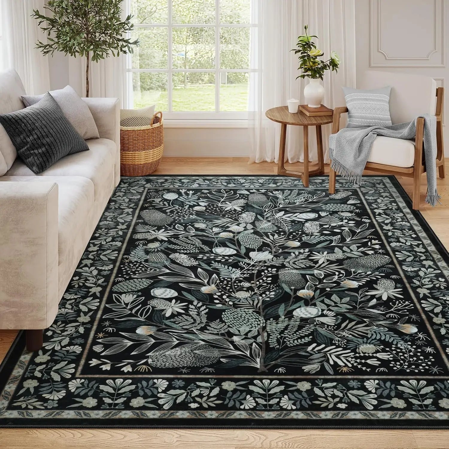 Navak Carpet Crystal velvet carpetAn Green Botanical Floral Washable Area Rugs, Abstract Large Rugs for Living Room Non-Slip Soft