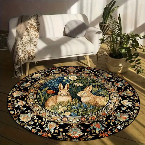 Navak Carpet Easter Retro Floral Rabbit Pattern Round Area Rug Bedroom Living Room Garden Decor Living Room Carpet Decorative Floor Mat
