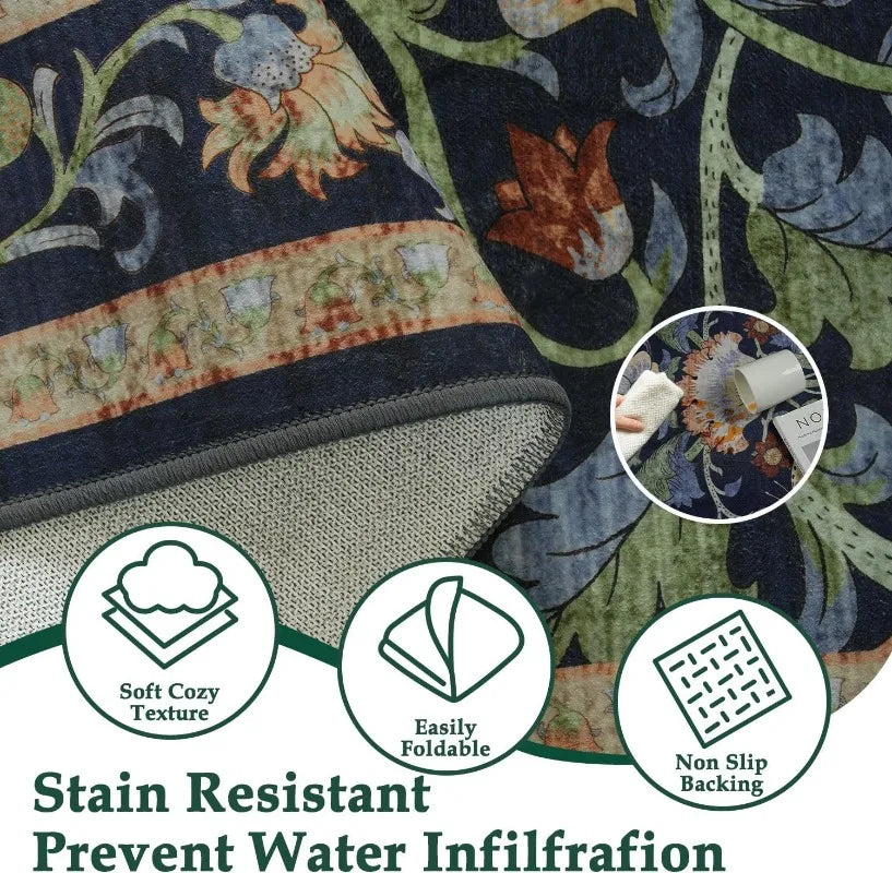 Navak Carpet Nordic Style Living Room Carpet Retro Flower and Bird Print Bedroom Rugs Fashionable Foldable Machine Washable Coffee Table Mats