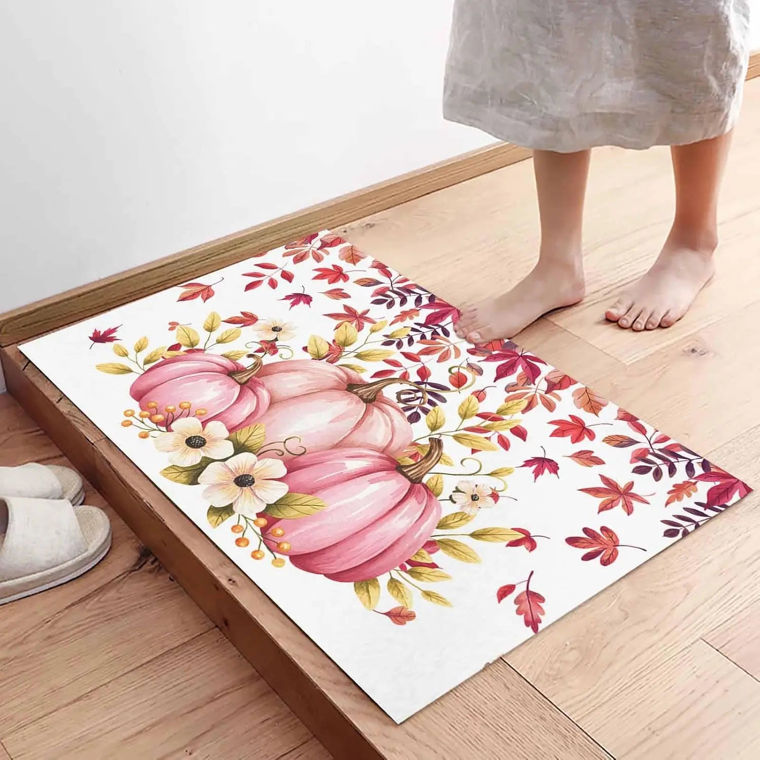 Navak Carpet Fall Pink Pumpkins Flowers Leaves Welcome Doormats Decor Kitchen Corridor Balcony Rugs Bedroom Beside Foot Mat Non-Slip Floormat
