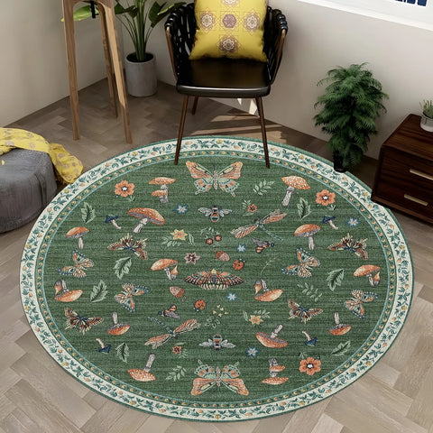 Navak Carpet Round Boho Floral Carpet - Vibrant Mushroom & Butterfly Print, Non-Slip Area Rug for Living Room/Bedroom, Nature-Inspired Decor