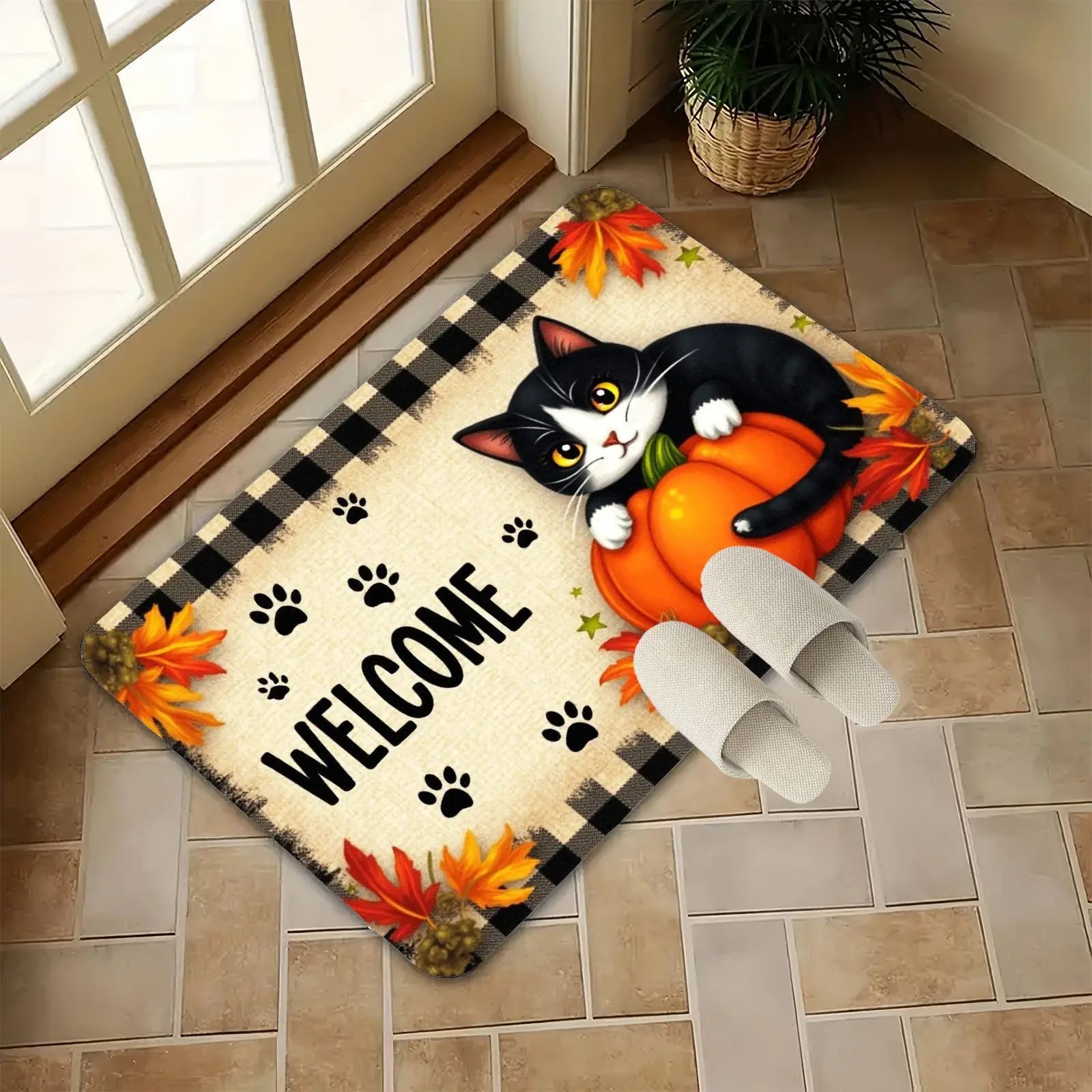 Navak Carpet Autumn Cat Paw Pumpkin Maple Leaves Welcome Doormat Fall Entrance Floor Mat Thanksgiving Decor Living Room Bedroom Non-slip Rugs
