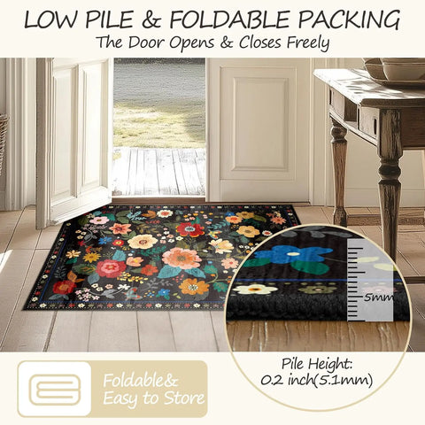 Navak Carpet Crystal velvet carpetFloral  Area Rug Machine Washable Soft Print Boho Carpet Non Slip Doormat Low Pile Flower Area Rugs for