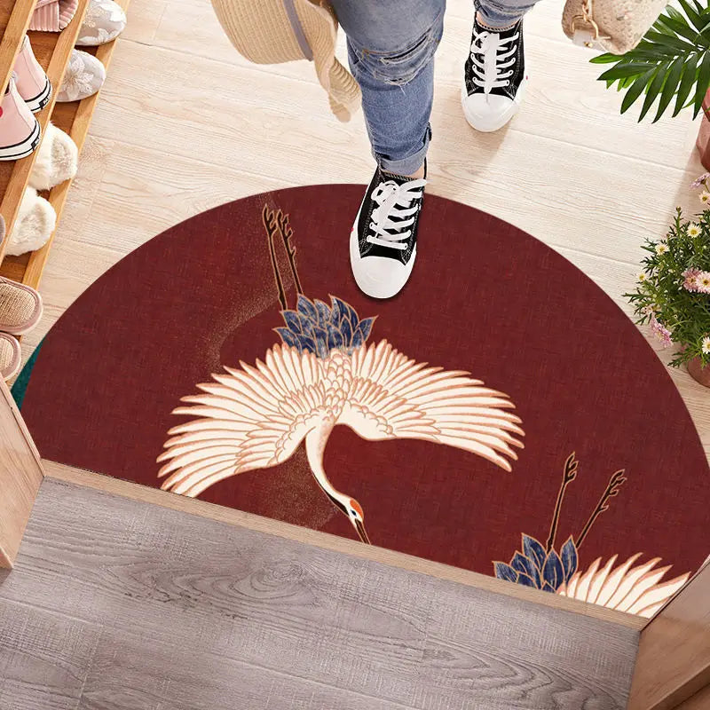 Navak Carpet Chinese Semi-circular Floor Mats Japanese Style Crane Printed Door Entrance Non-slip Floor Mats Balcony Carpet Hallway Porch Rug