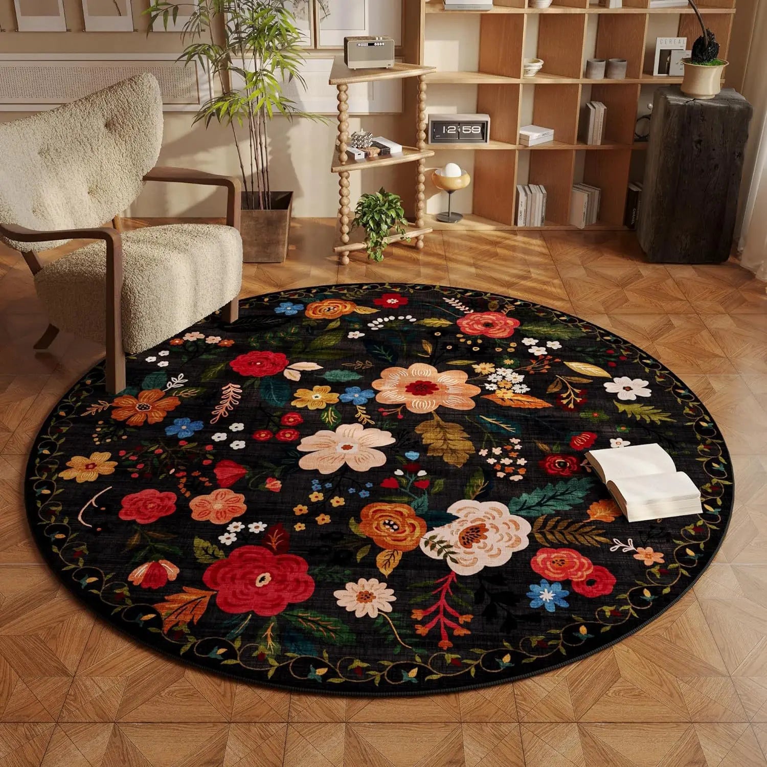 Navak Carpet Flower Pattern Rugs for Bedroom Home Fluffy Soft Rug Retro Round Living Room Decoration Carpet Thick Anti-slip Bedside Floor Mat