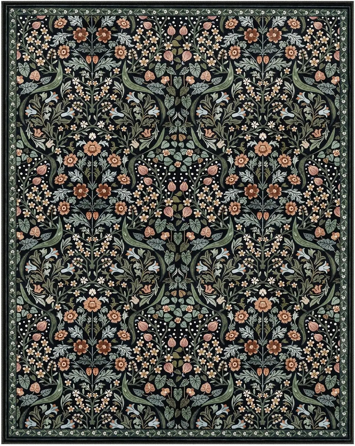 Navak Carpet Floral Washable Rugs, Soft Large Boho Bedroom Rug, Botanical Non Slip Ultra Thin Floor Carpet for Dining Room Nursery Office