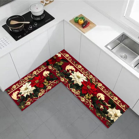 Navak Carpet Christmas Poinsettia Floral Kitchen Mat Decor Non-Slip Laundry Room Mats Hallway Balcony Rugs Bedroom Mat Christmas Decorations