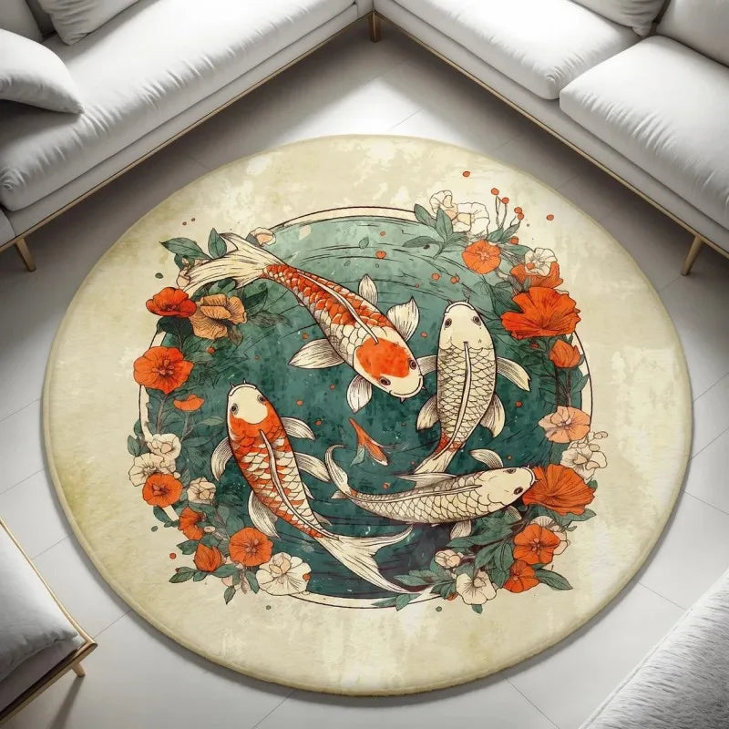 Navak Carpet Yin Yang Koi Fishes Print Round Carpets for Home Living Room Rug Bedroom Decor Rug Non Slip Washable Flannel Floor Mat
