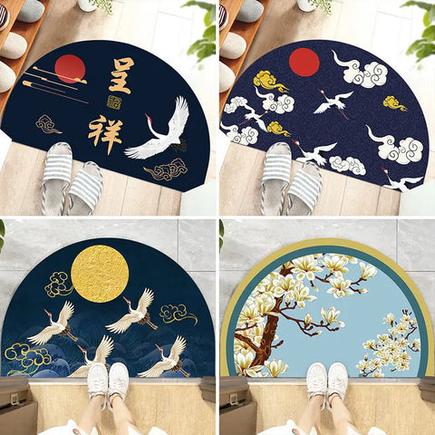 Navak Carpet Chinese Semi-circular Floor Mats Japanese Style Crane Printed Door Entrance Non-slip Floor Mats Balcony Carpet Hallway Porch Rug