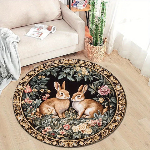 Navak Carpet Easter Retro Floral Rabbit Pattern Round Area Rug Bedroom Living Room Garden Decor Living Room Carpet Decorative Floor Mat