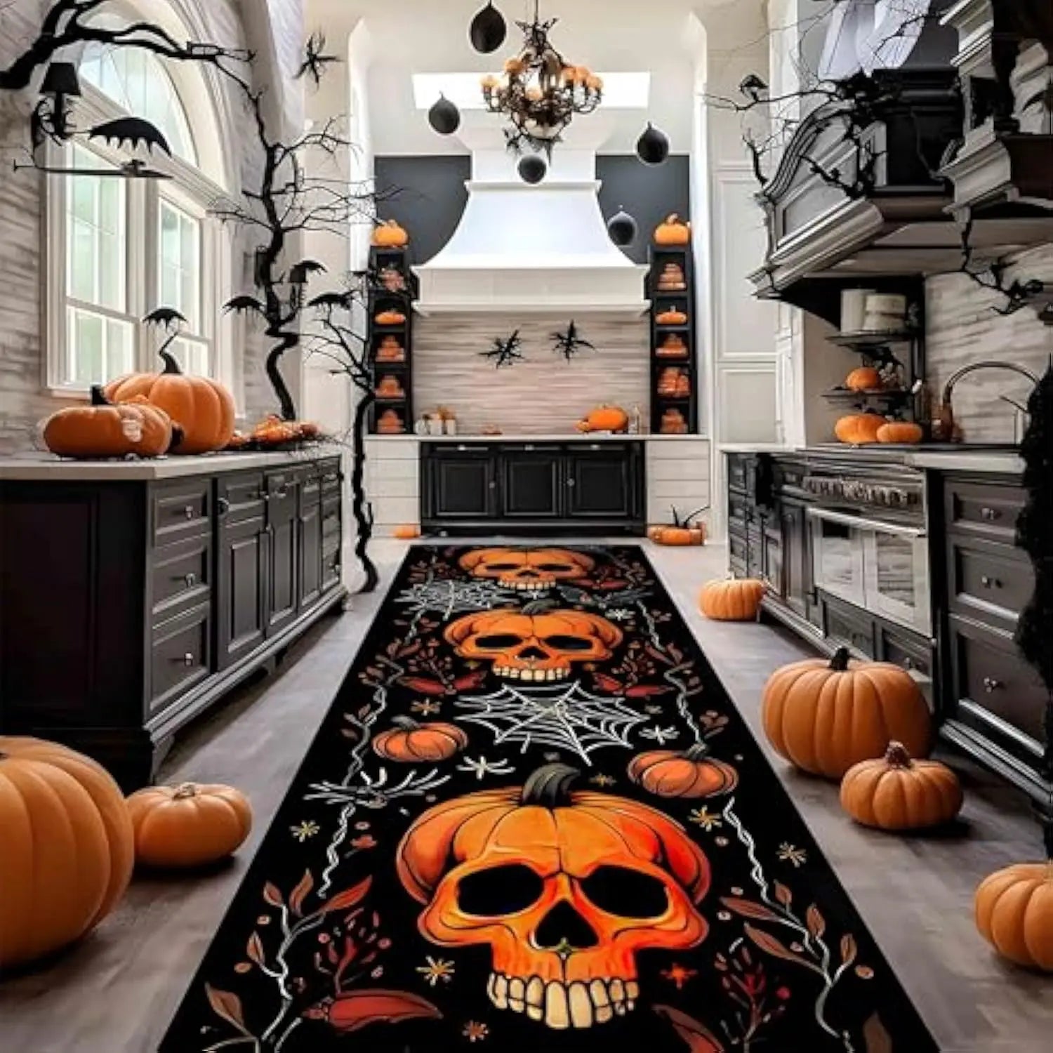Navak Carpet Exclusive Picks Halloween Runner Rug Abstract Pumpkin Skull Carpet Kitchen Anti-Slip Spider Web Printed Rugs for Living Room Home Decor