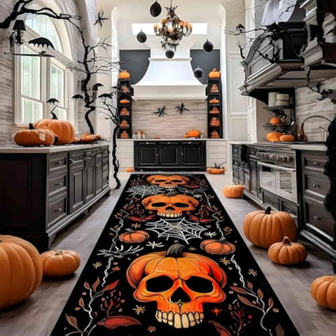 Navak Carpet Exclusive Picks Halloween Runner Rug Abstract Pumpkin Skull Carpet Kitchen Anti-Slip Spider Web Printed Rugs for Living Room Home Decor