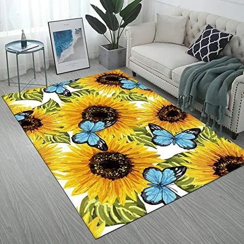 Navak Carpet Beautiful Sunflowers and Blue Butterflies Pattern Area Rug,Modern Flannel Microfiber Non-Slip Floor Mat Carpet,